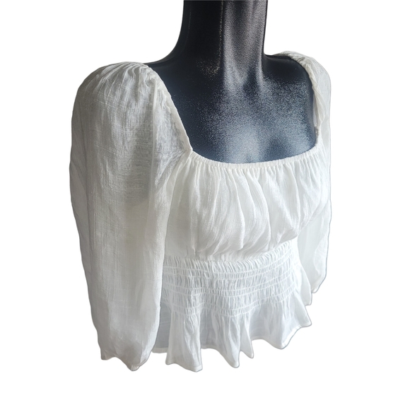 Mink Pink White Evelina Square Neck and Smocked Waistline Blouse L - Picture 3 of 7